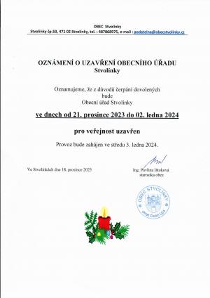 Obecní úřad-dovolená 21.12.23-02.01.24