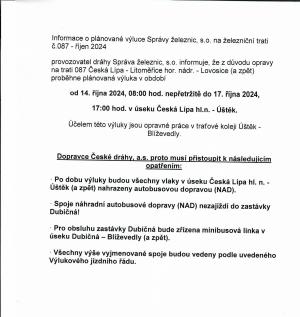 ČD výluka 087 14.10.-17.10.2024