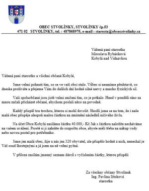 Dar do obce Kobylá ve výši 40.000,- Kč byl odeslán 1
