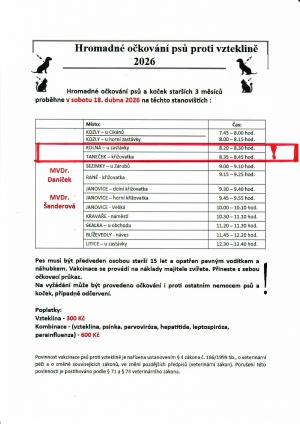 Očkování psů proti vzteklině 2026